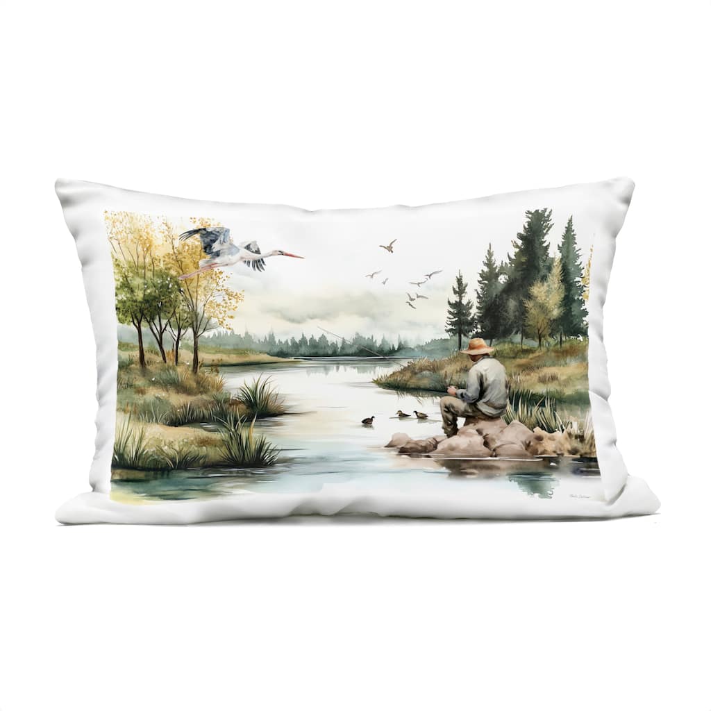 Stupell Fishing by River Landscape Printed Outdoor Throw Pillow Design by Nicole DeCamp