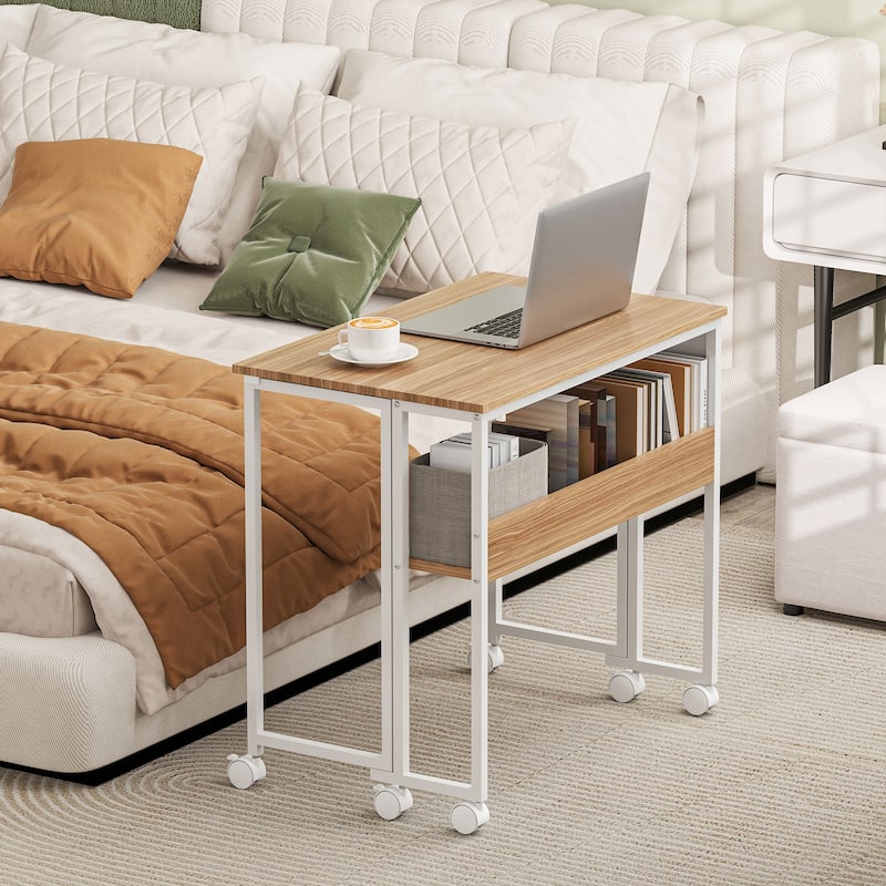 HOMCOM Small Folding Desk, Rolling Computer Desk Foldable with Storage Bag and Shelf, 31.5" Portable Writing Table on Wheels