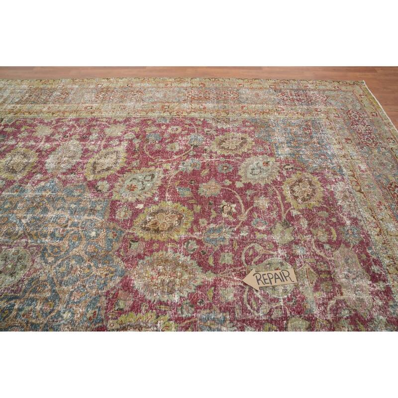 Hand Knotted Oriental 100% Wool Carpet Traditional Floral Pink Tabriz Area Rug - 13' 10'' X 10' 10''
