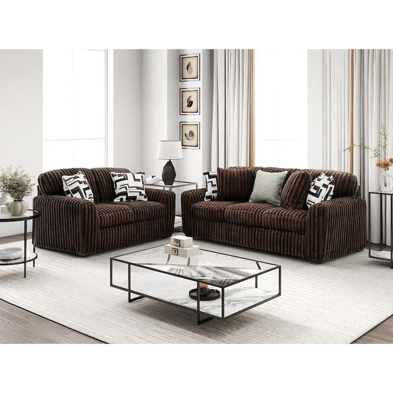 Roundhill Furniture Solenne 2-Piece Living Room Set, Oversized Sofa and Loveseat with Jumbo Corduroy Upholstery - Brown