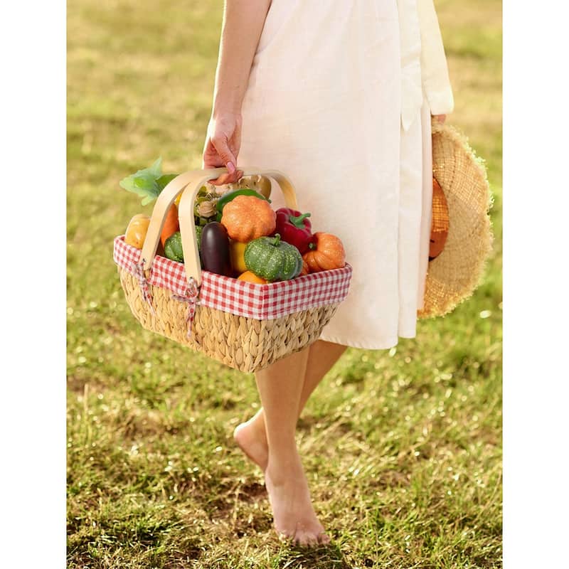 Wicker Basket with Wood Handle, Water Hyacinth Basket for Easter, Gift, Picnic - 15"D x 9.75"W x 7"H