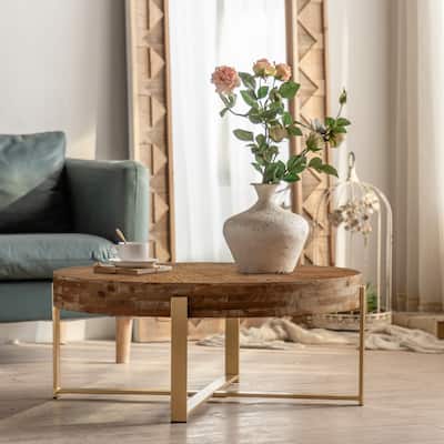 Modern Retro Splicing Round Coffee Table with Fir Wood Table Top and Gold Cross Legs Base