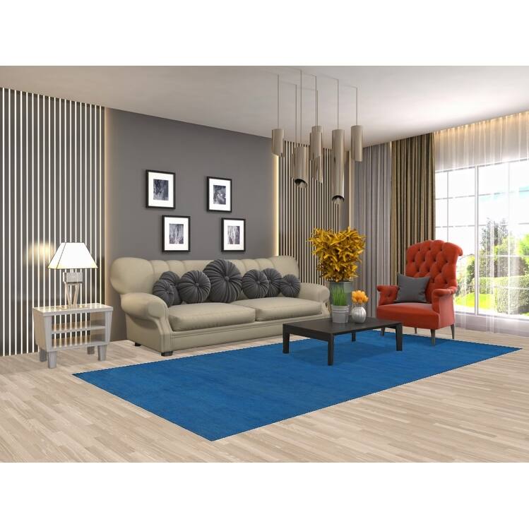 Hand Knotted Oriental 100% Wool Carpet Modern Solid Navy Blue & Blues Gabbeh Area Rug - 10' 2'' X 5' 0''