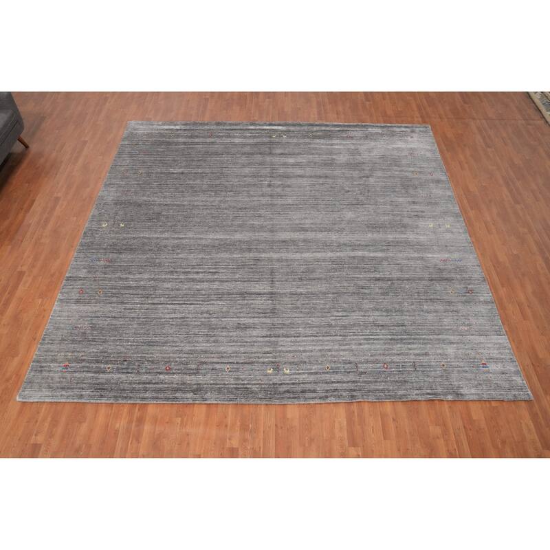 Hand Knotted Oriental Viscose Silk Carpet Tribal Animal Pictorial Greys & Charcoal Gabbeh Area Rug - 11' 10'' X 12' 4''