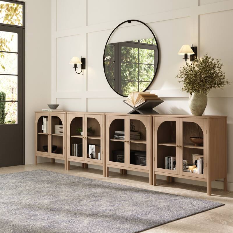 Nathan James Mason Sideboard Buffet with Glass Doors and Adjustable Shelves - Set of 4 - Raw Oak