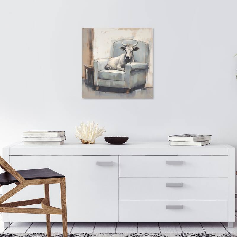 Wynwood Studio Canvas Animals Cow in the Armchair Gray and Farmhouse Wall Art Canvas Print - 20 x 20