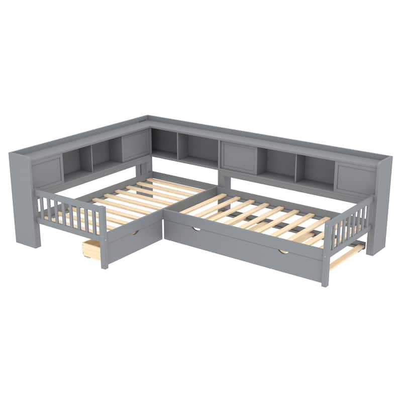 Roomfitters L-Shaped Twin Platform Bed with Trundle, Corner Bed Frame with Storage Drawers and Shelves
