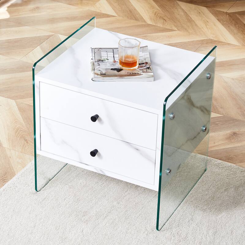Double-Drawer Bedside Table with MDF Board and Tempered Glass, Simple Elegant Design, Multi-Functional Storage