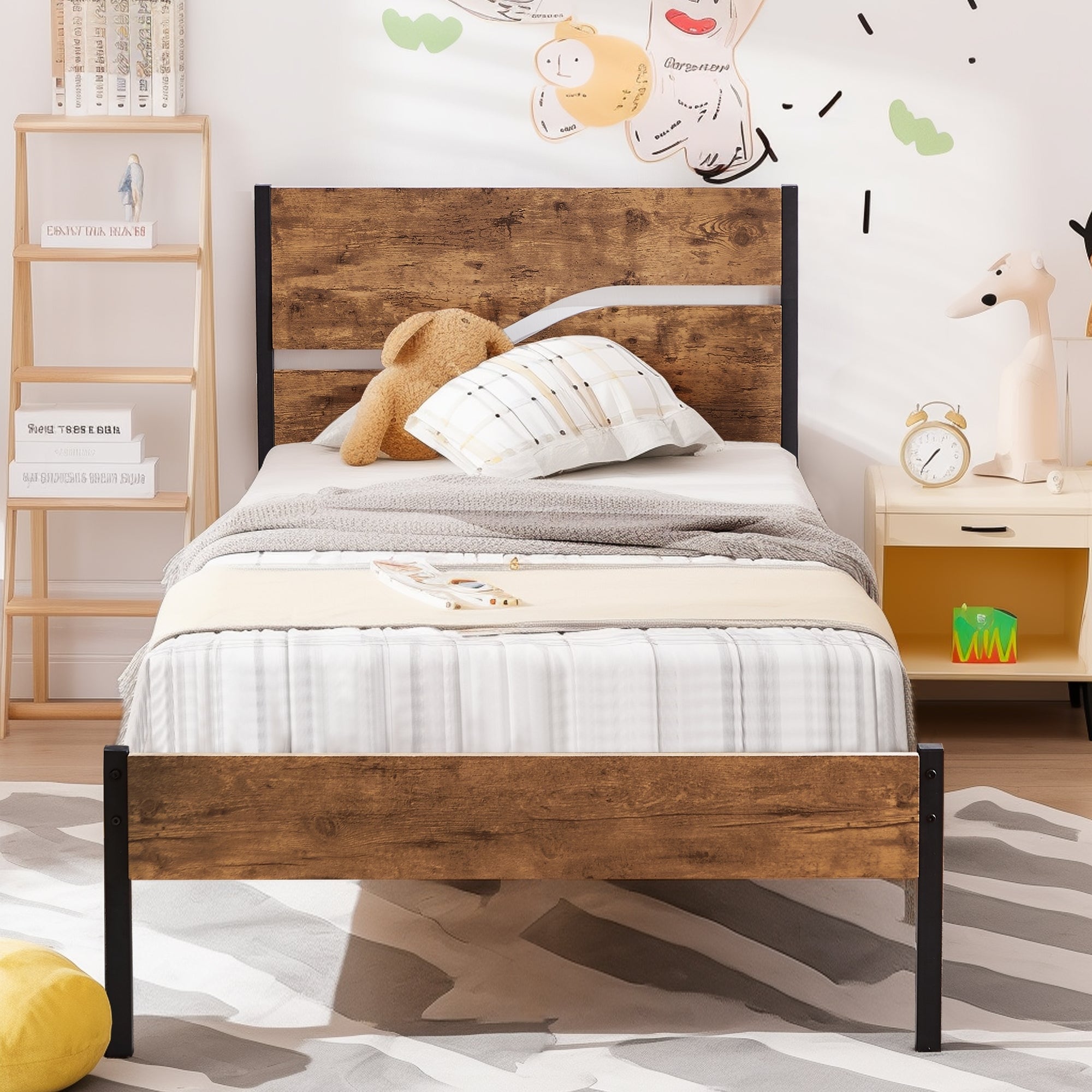 Javlergo Metal Platform Bed Frame with Wooden Headboard and Footboard Farmhouse Rustic Platform Bed Frame No Box Spring Needed