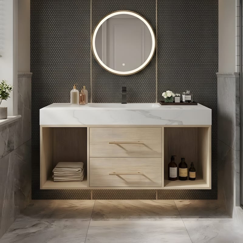 39.4" Ceramic Sink Bathroom Vanity, Floating Bathroom Vanity - White/Wood