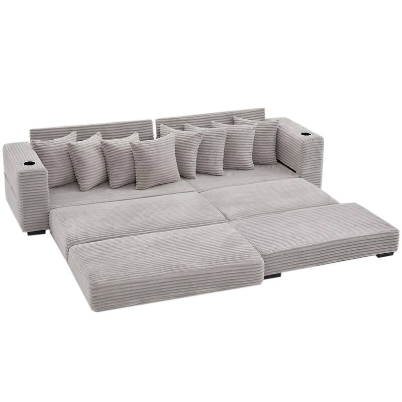 110.75" Corduroy Sectional Sofa, Convertible Sleeper Sofa Bed L-Shaped Upholstered Couch with Removable Footstool, Cup Holder