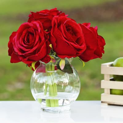 Enova Home Artificial Silk Roses Fake Flowers Arrangement in Clear Glass Vase with Faux Water for Home Office Decoration