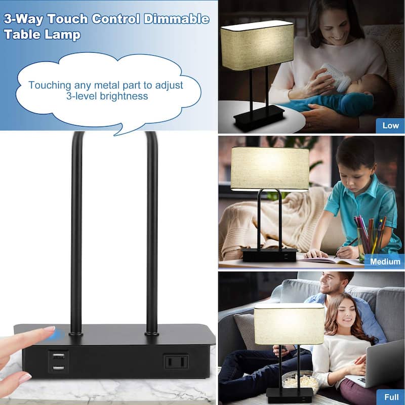 Bedside Touch Control Table Lamp with Dual USB Charging Ports 1 AC Outlet, 3 Way Dimmable Modern Nightstand Lamp