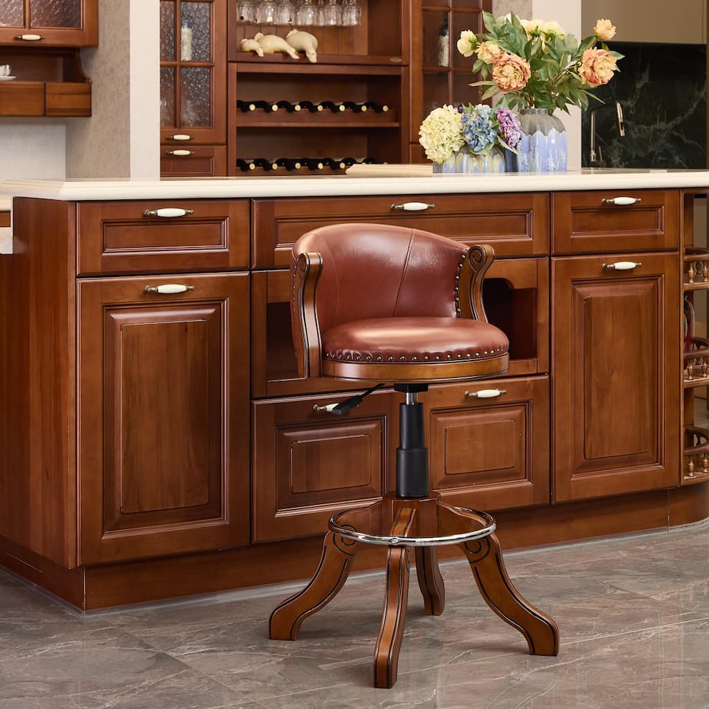 Adjustable Height Cow Print Leather Swivel Bar Stool with Back, Wooden Frame, Bar Height, Brown