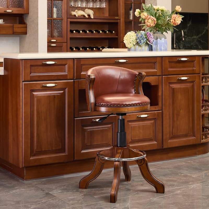 Counter height Cow top Leather Wooden Bar Stools, 360 Degree Swivel Adjustable Height Bar Chair(1pc) - Brown