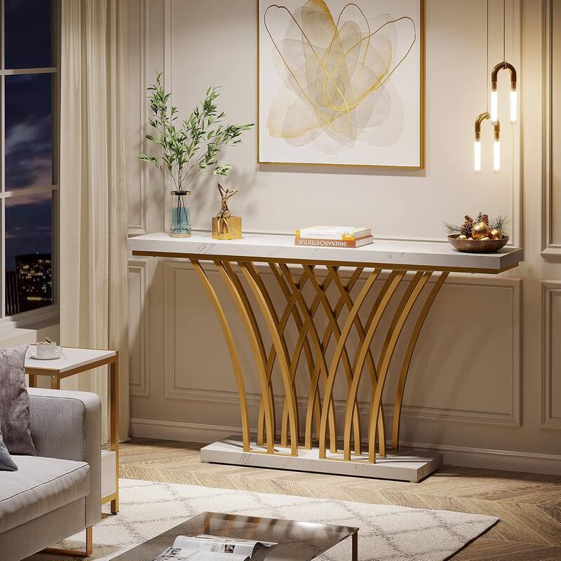 59" White & Gold Faux Marble Console Table, Modern Narrow Entryway Table with Grid Base for Living Room or Foyer