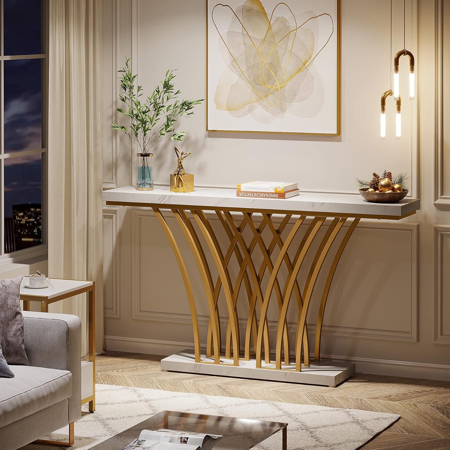 59" White & Gold Faux Marble Console Table, Modern Narrow Entryway Table with Grid Base for Living Room or Foyer