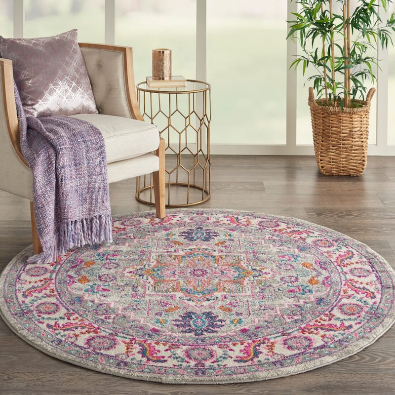 Nourison Cayuga Oushak Boho Medallion Area Rug - 4' x Round - Light Grey/Pink