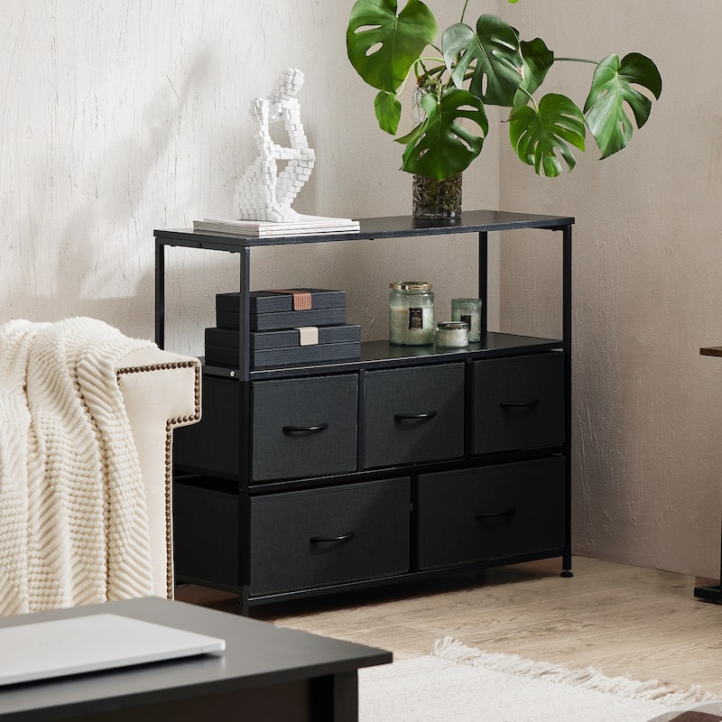 CoolArea 5-Drawer Dresser, Fabric Chest Storage Tower with Wooden Top and Open Shelf