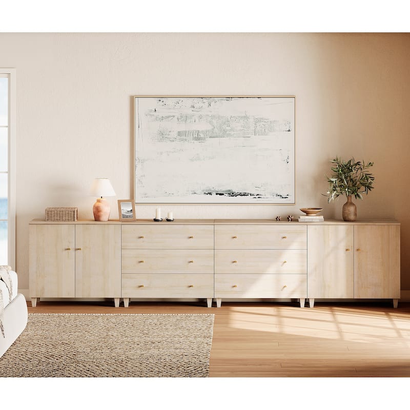 Wood Dresser with 6 Drawers and 2 Cabinets for Bedroom, 142" Wide