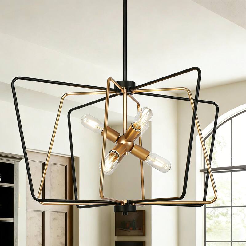 Modern 6-Light Geometric Black and Gold Chandelier Adjustable Height Light Fixture for Large Spaces - 31.4" × 17.3"