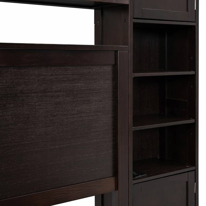 Wooden Bed with Built-in Cabinet, Shelf, and Sockets