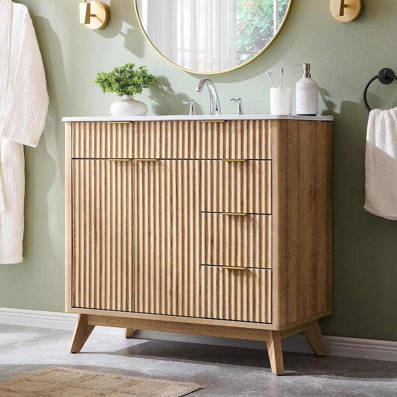 36" Fluted Bathroom Vanity with Sink Combo，Modern Bathroom Cabinet - Natural Oak