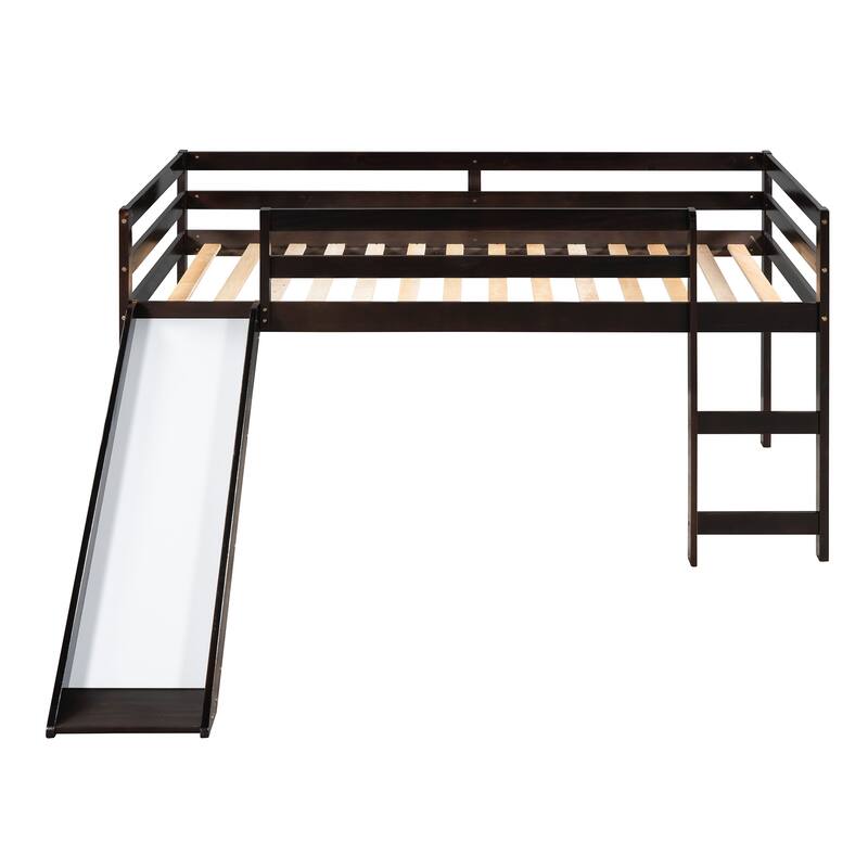 Espresso Twin Size Solid Wood Loft Bed with Slide, Fence and Multifunctional Design for Bedroom