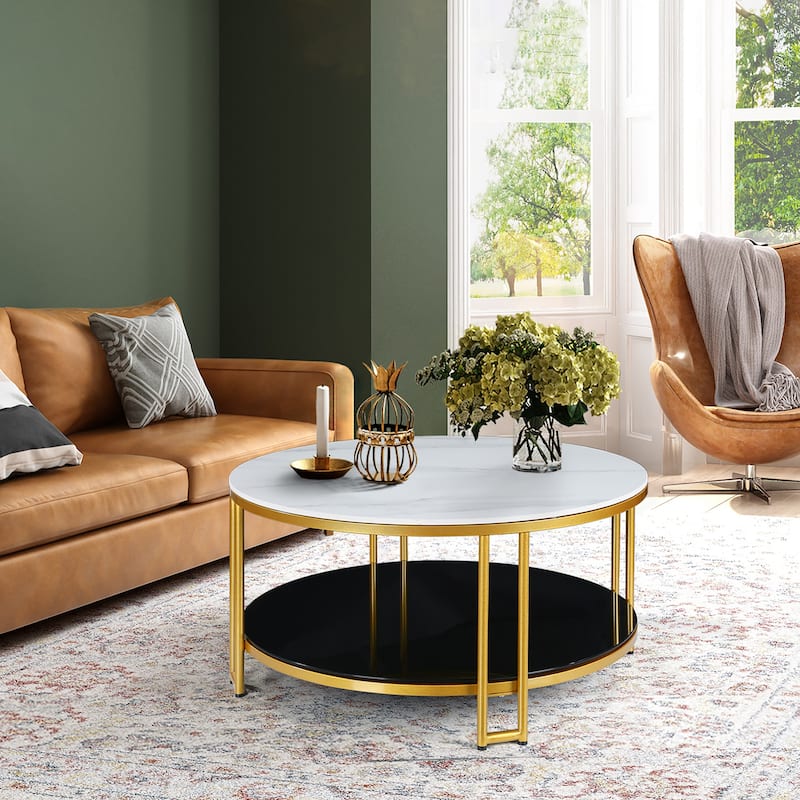 Nesia Modern Accent White Marble Gold Coffee Table Round Sofa Cocktail Double Layer Storage Table Brass Legs - 36''D x 17.5" H
