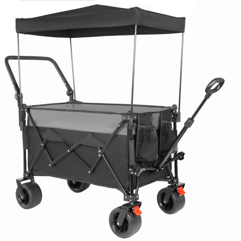 Multi-Functional Push-Pull Folding Wagon Cart with Rotating Handle & Canopy,7"x4"All-Terrain Wheels & Brakes,300L Large Capacity