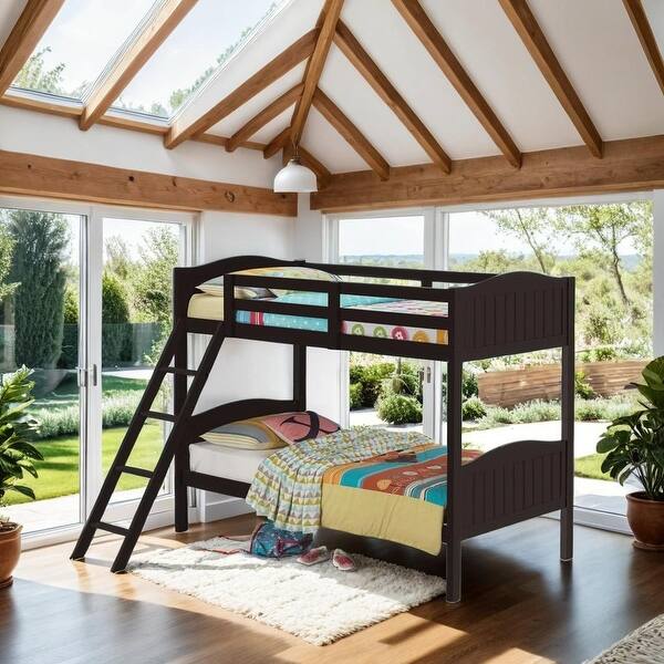 slide 2 of 6, Twin over Twin Bunk Bed with Camelback Headboard & Guardrails, Espresso Espresso