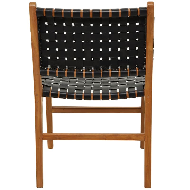 Brown, Black, White Leather Handmade Woven Kitchen Dining Chair with Teak Wood Frame