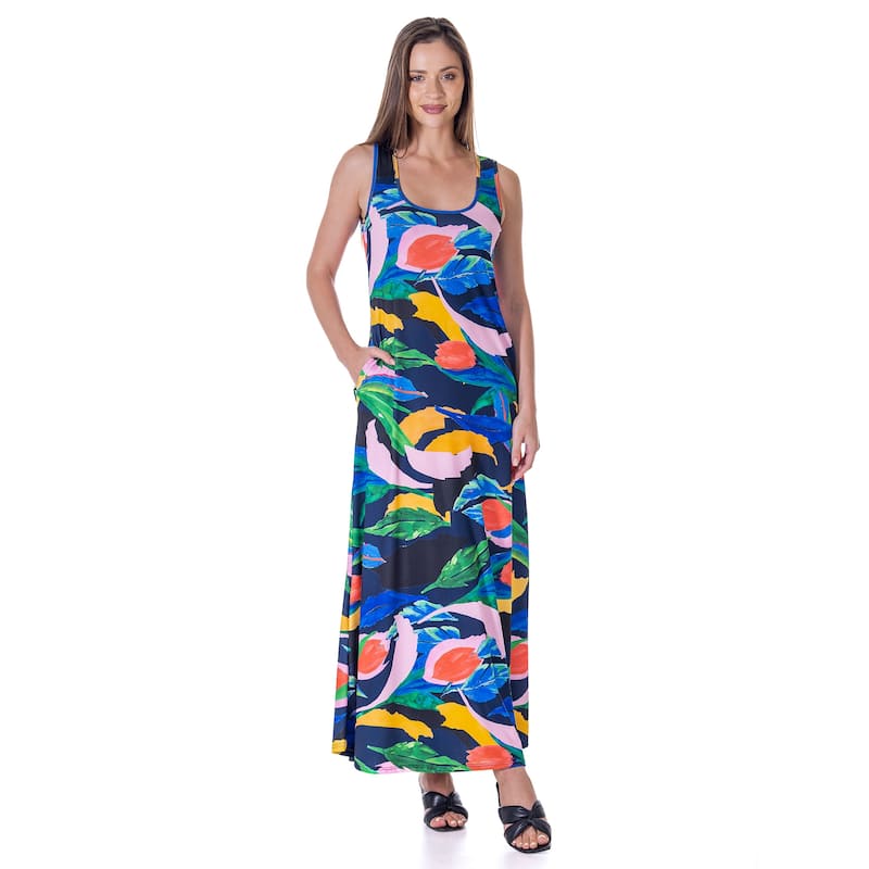 24seven Comfort Apparel Womens Teal Floral Print Sleeveless Casual Maxi Dress With Pockets - Black/Red - L