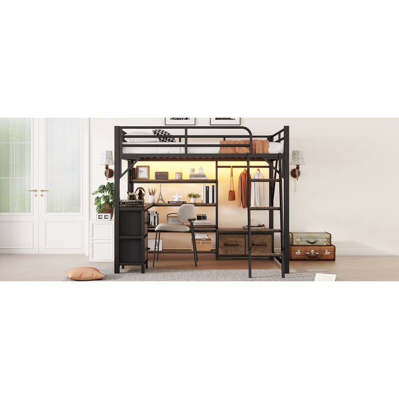 Roomfitters Full/Queen Loft Platform Bed, LED Charging Desk and Wardrobe Shelves with Metal Frame for Bedroom or Guest Room