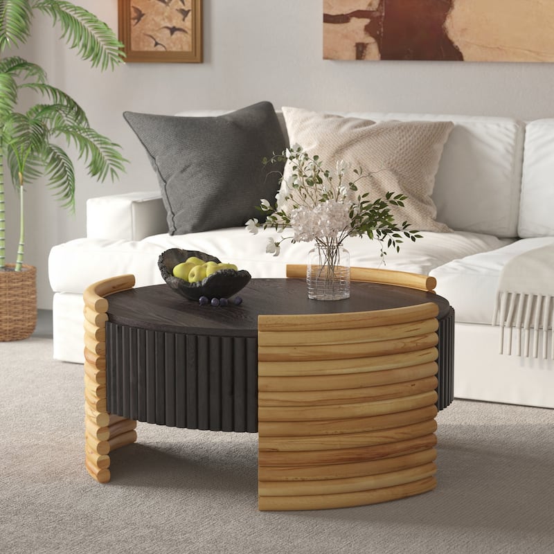 31.50" Modern Colorblocked Striped Coffee Table with Flip Top Storage Coffee Table - Brown
