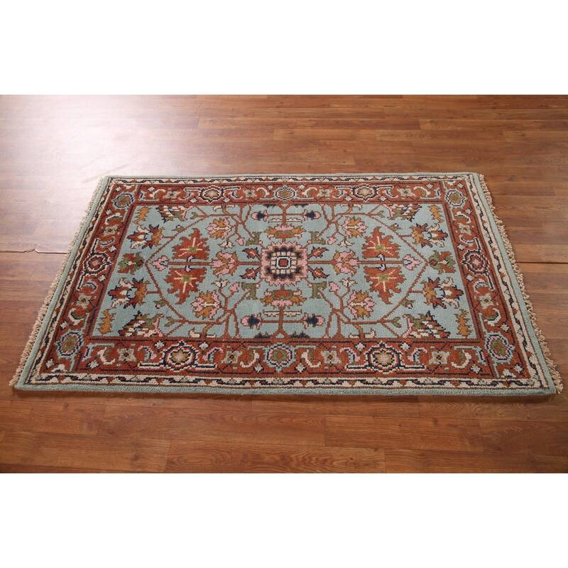 Light Blue Floral Oushak Oriental Accent Rug Handmade Wool Carpet - 3'0"x 4'11"
