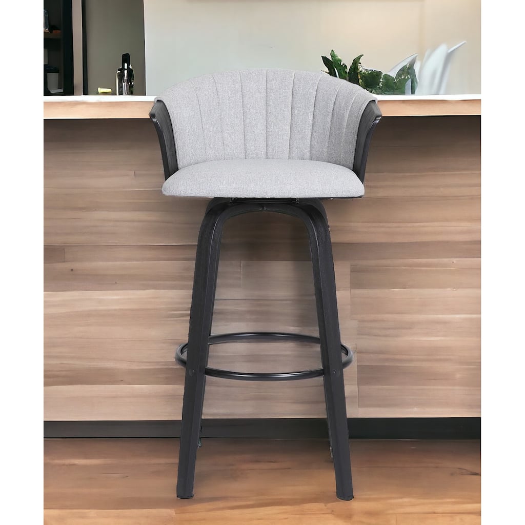 30" Light Gray And Black Fabric Swivel Bar Height Bar Chair