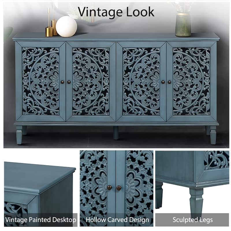 Floral Carvings with Solid Wood Legs&Antique Brass Handles&Adjustable Shelves, TV Stand for 65''+ TV, Sideboard