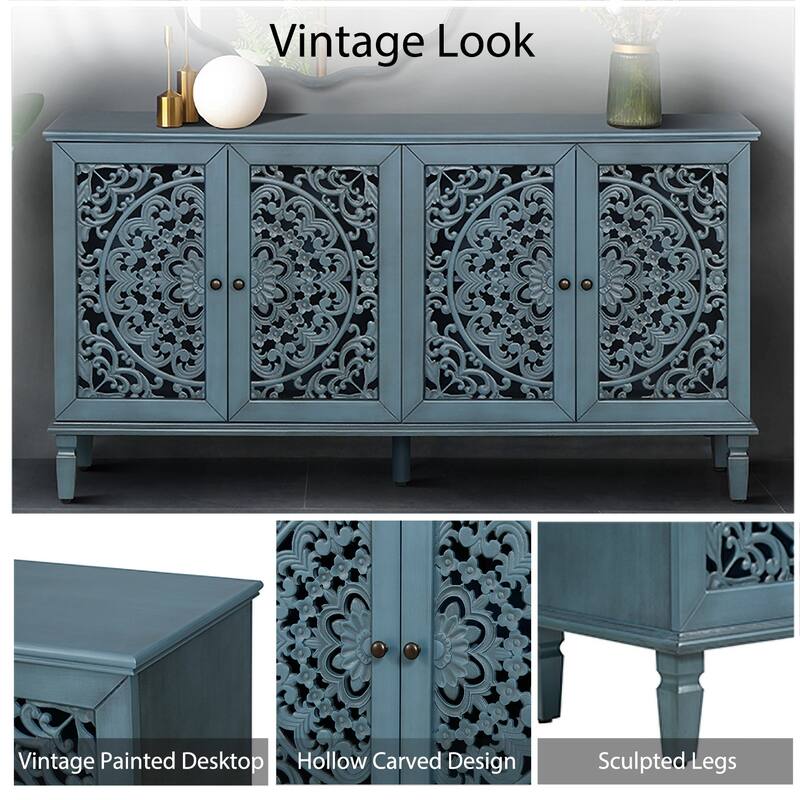GDFStudio - 60" Antique Buffet Cabinet with Floral Carvings, Solid Wood Legs, Brass Handles & Adjustable Shelves