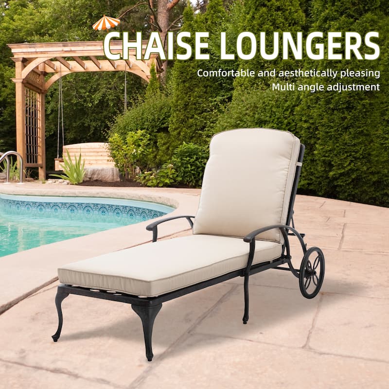 Aluminum Reclining Outdoor Chaise Lounge with Wheels and Cushions - Beige