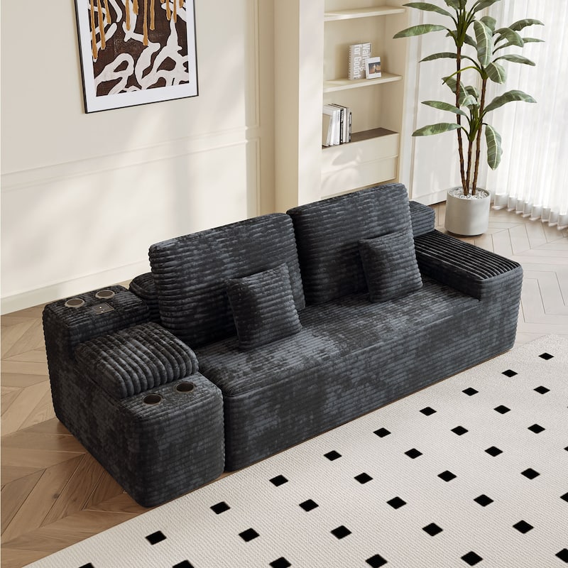 Corduroy Sectional Sofa with Ottomans, Console Table with Storage Box, Charging Station, Cup Holders and Bluetooth Speaker