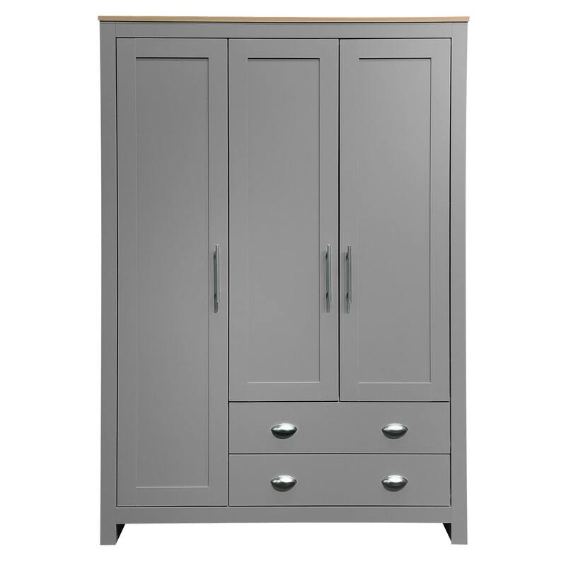 3-Door Wardrobe, Multi-Use Cabinet with 2-Drawer and 2 Metal Hanging Rods, Entrance Freestanding Storage Wardrobe Closet