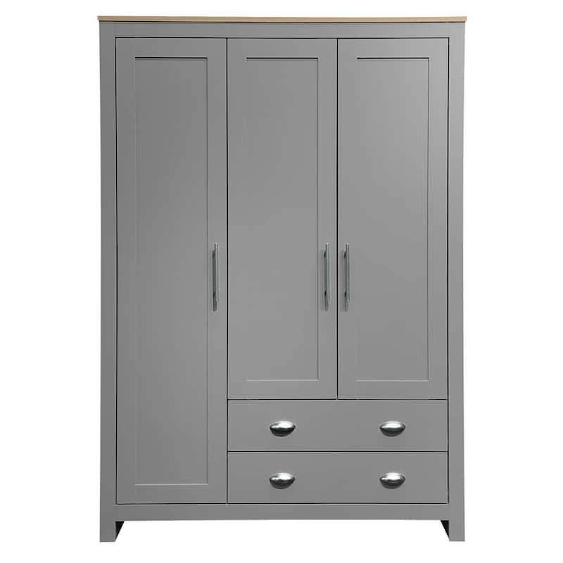 Three Door Storage Wardrobe with Cabinets and Two Hanging Rods