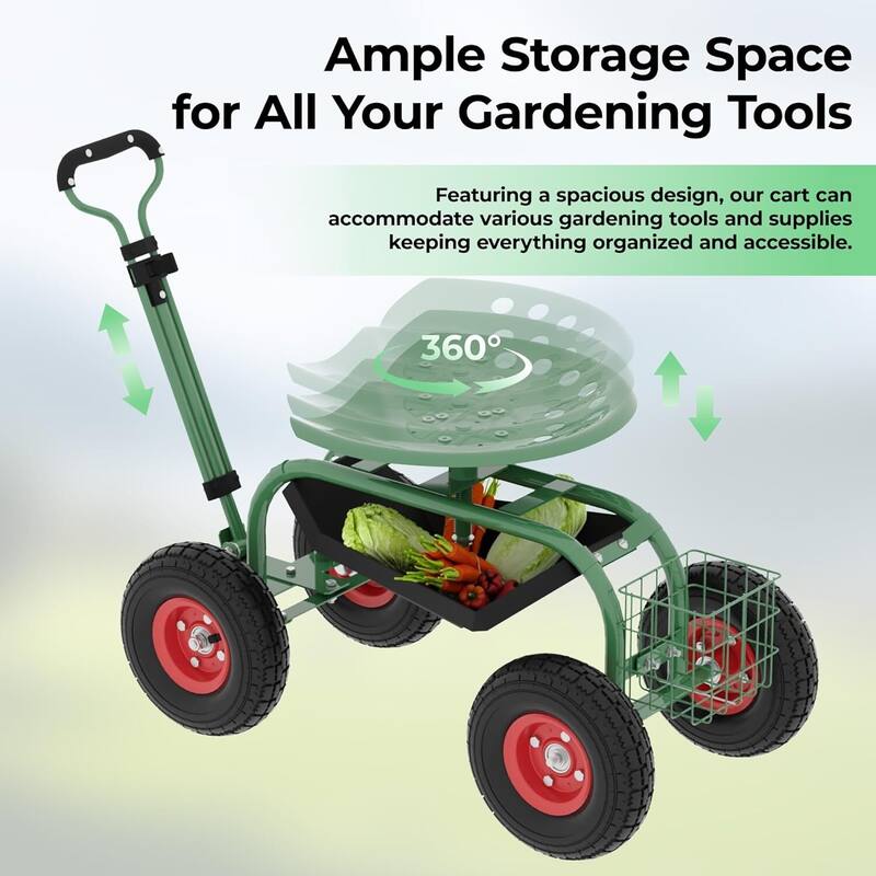 Heavys-Duty Rolling Stool, 360° Swivels Garden Cart Workseat with Tool Tray for Gardening, Yard Work