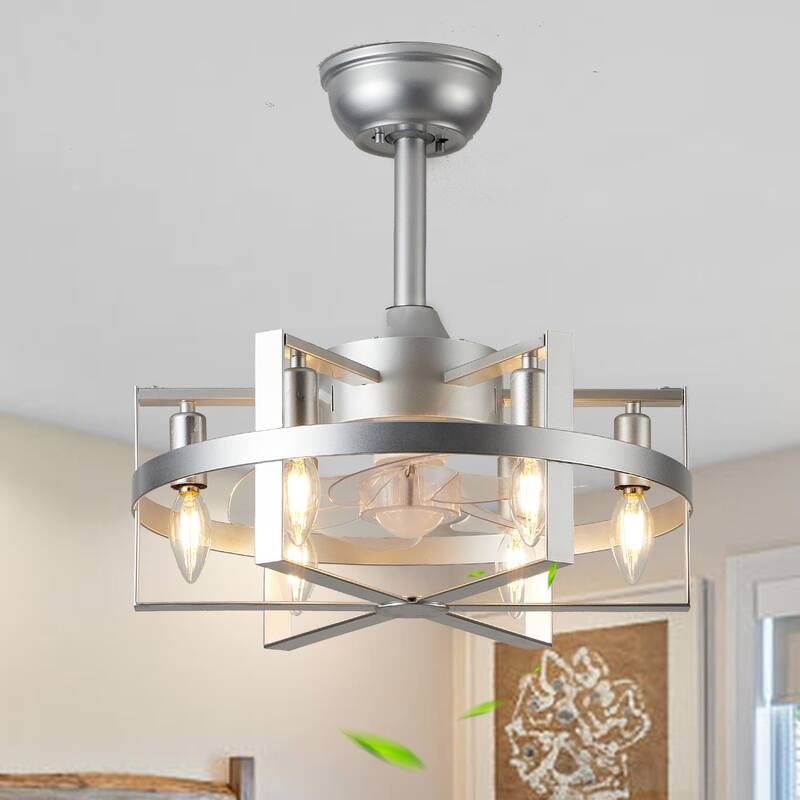 18" Industrial Metal Caged Ceiling Fan with Remote and Light Kit 6-speed Reverisble Chandelier - 17.7 Inch - Silver