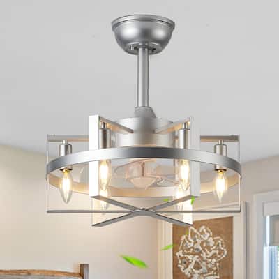 18" Industrial Metal Caged Ceiling Fan with Remote and Light Kit 6-speed Reverisble Chandelier - 17.7 Inch