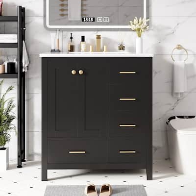 30 Inch Single Sink Freestanding Bathroom Vanity in Black with White Ceramic Top