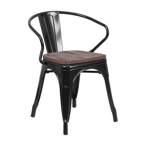 Offex Black Metal Stackable Bistro Style Chair with Wood Seat and Arms