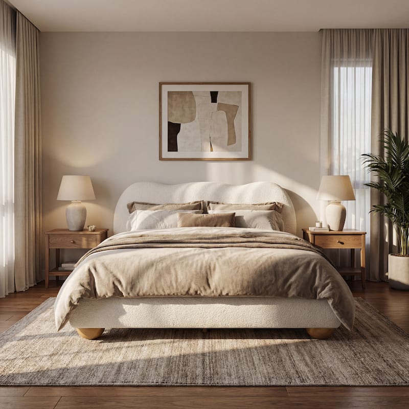 Christopher Knight Home - Modern Boucle Upholstered Platform Bed with Thick Curved Headboard and Solid Wood Legs