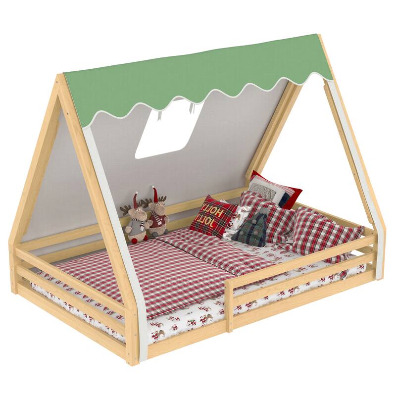 House Floor Bed with Tent and Light Montessori Kids Wood Bed Frame